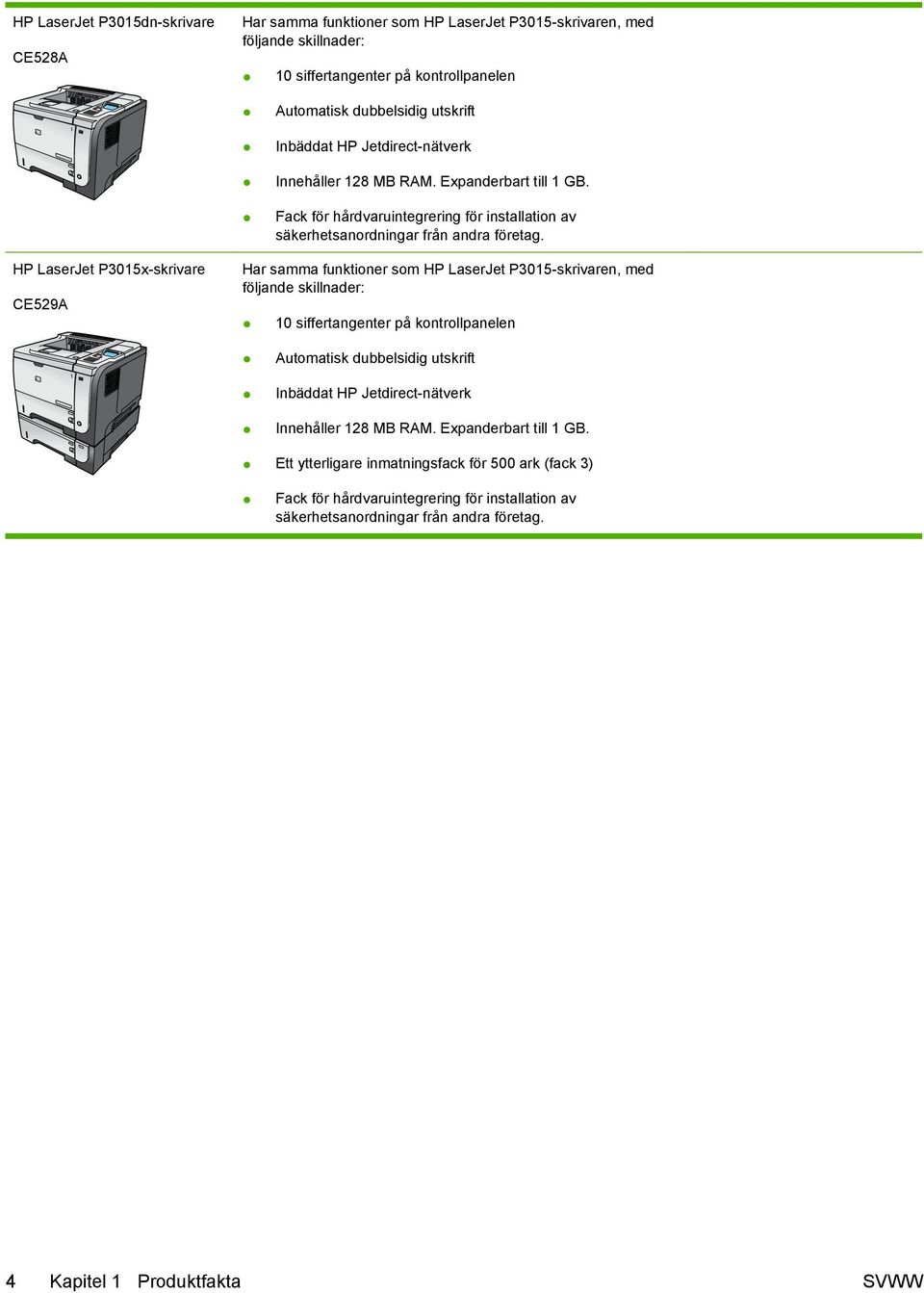 HP LaserJet P3015x-skrivare CE529A Har samma funktioner som HP LaserJet P3015-skrivaren, med följande skillnader: 10 siffertangenter på kontrollpanelen Automatisk dubbelsidig utskrift 1 Inbäddat HP