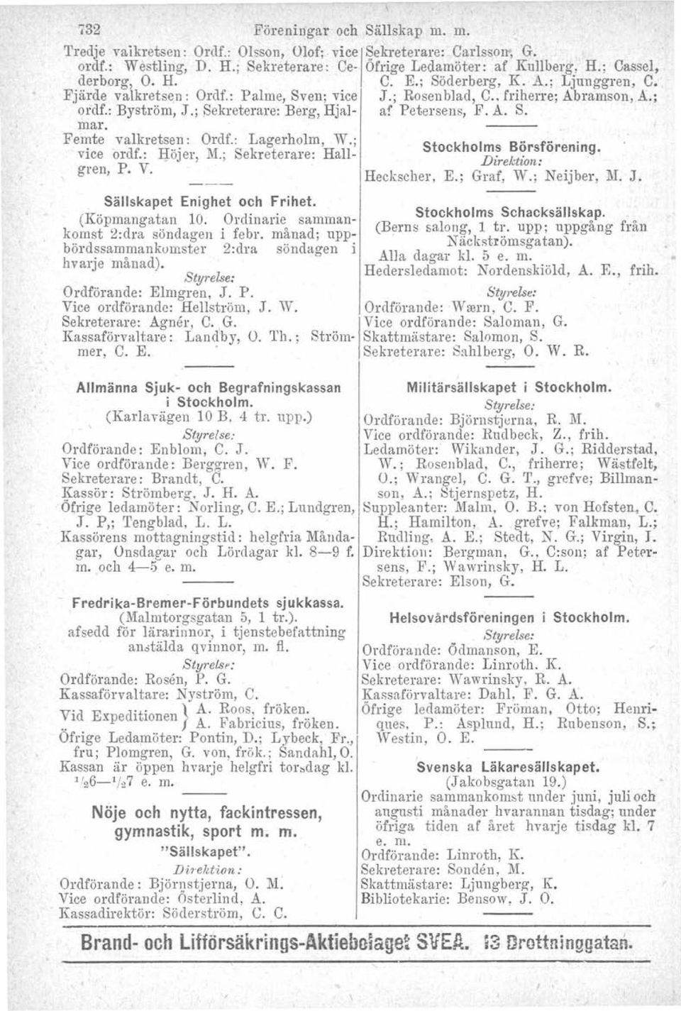 Femte valkretsen: Ordf.: Lagerholm, W.; vice ordf.: Höjer, M.; Sekreterare: Hallgren, P. V. Sällskapet Enighet och Frihet. (Köpmangatan 10. Ordinarie sammankomst 2:dra söndagen i febr.