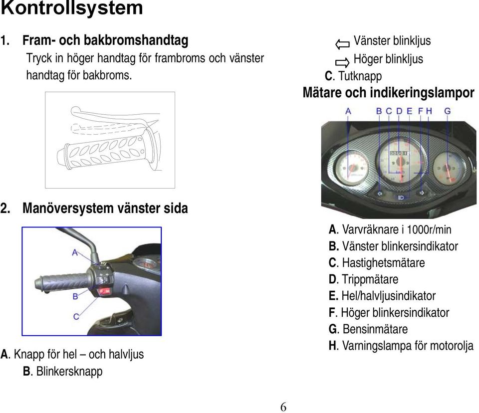 Knapp för hel och halvljus B. Blinkersknapp A. Varvräknare i 1000r/min B. Vänster blinkersindikator C.