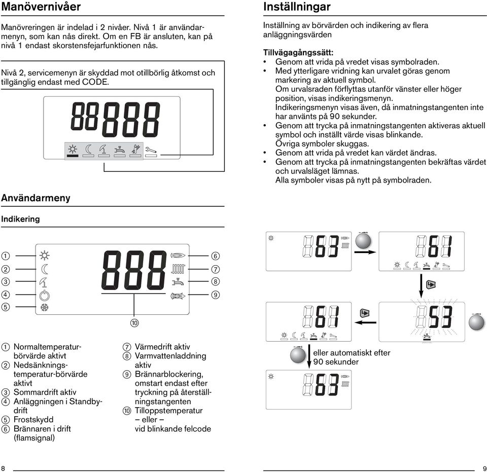 Inställningar Inställning av börvärden och indikering av flera anläggningsvärden Tillvägagångssätt: Genom att vrida på vredet visas symbolraden.