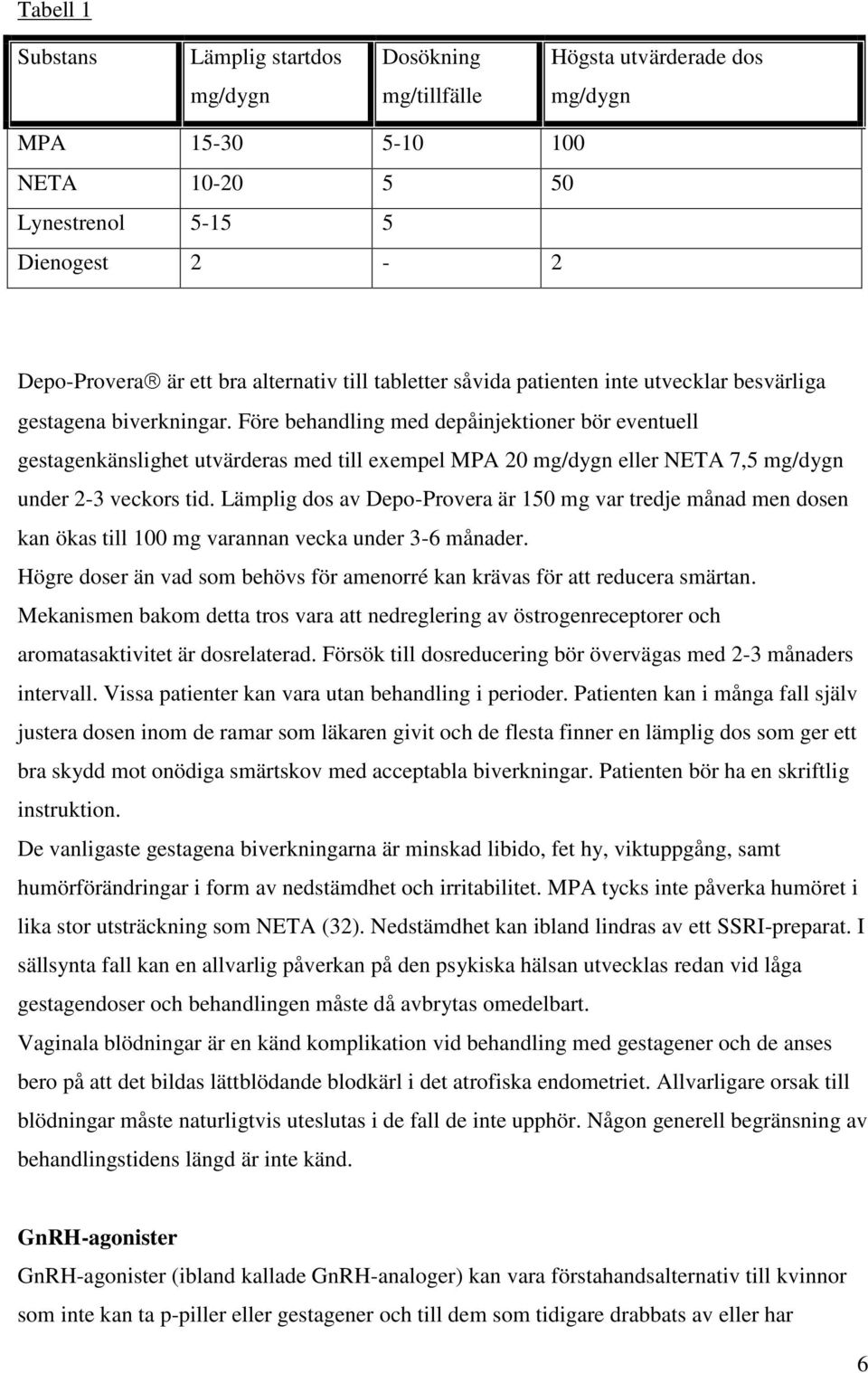Före behandling med depåinjektioner bör eventuell gestagenkänslighet utvärderas med till exempel MPA 20 mg/dygn eller NETA 7,5 mg/dygn under 2-3 veckors tid.