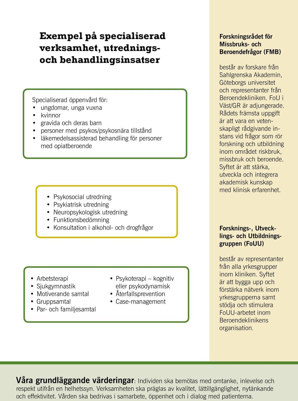 Forskningsrådet för Missbruks- och Beroendefrågor (FMB) består av forskare från Sahlgrenska Akademin, Göteborgs universitet och representanter från Beroendekliniken. FoU i Väst/GR är adjungerade.