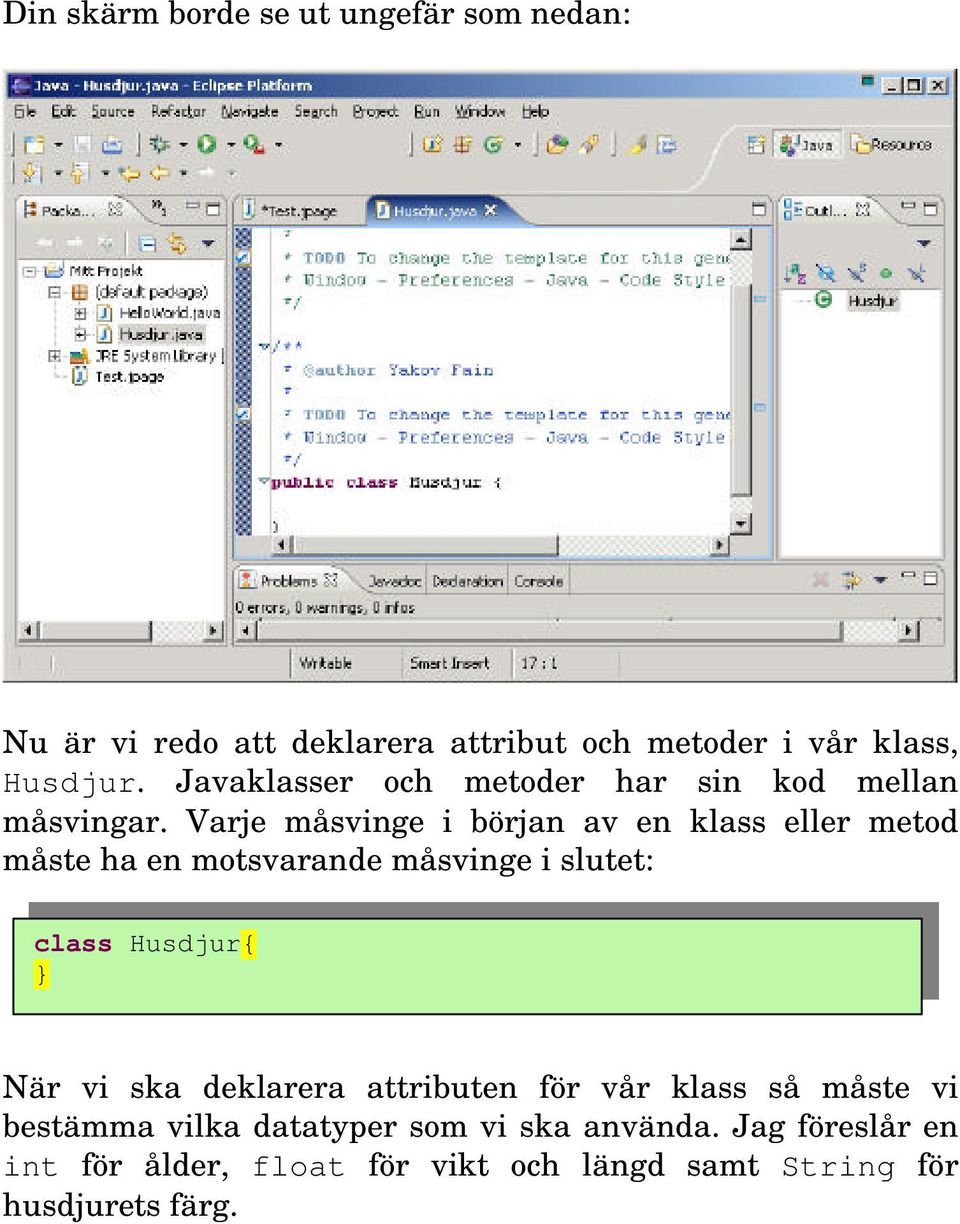 Varje måsvinge i början av en klass eller metod måste ha en motsvarande måsvinge i slutet: class Husdjur{ När vi