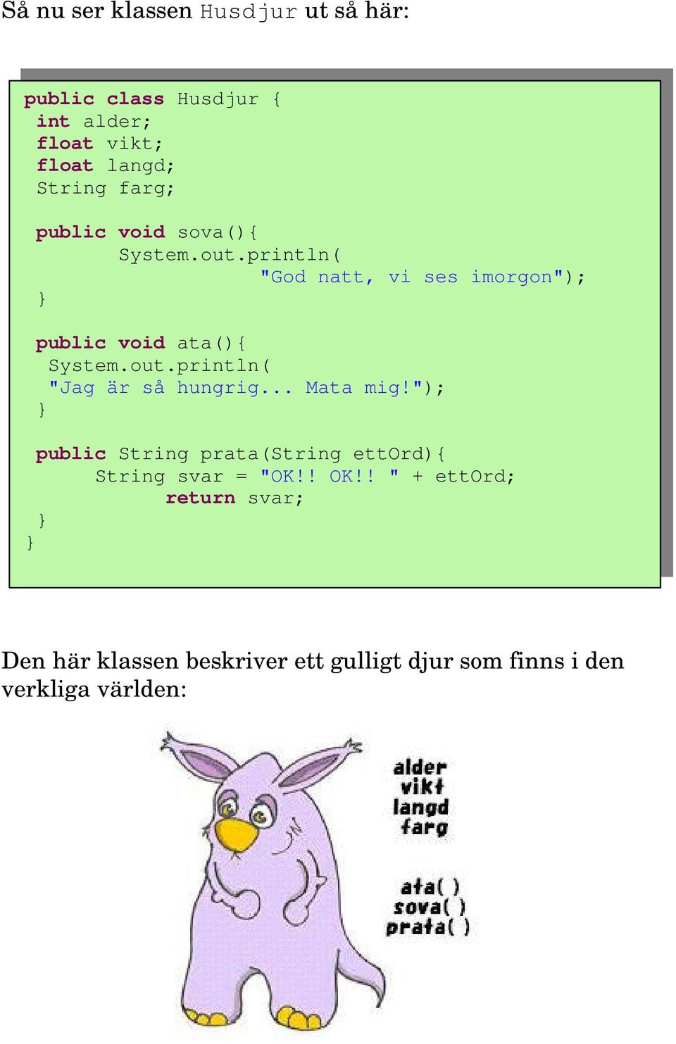 out.println( "Jag är så hungrig... Mata mig!"); public String prata(string ettord){ String svar = "OK!