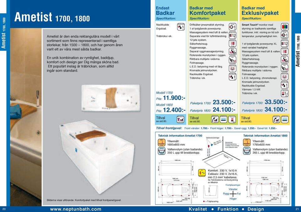 Träbricka i ek. Modell 1700 Pris: 11.900:- Modell 1800 Pris: 12.400:- Komfortpaket Driftsäker pneumatisk styrning. 1 st tystgående powerpump. Separata vred för luftinblandning. 12-jets system.