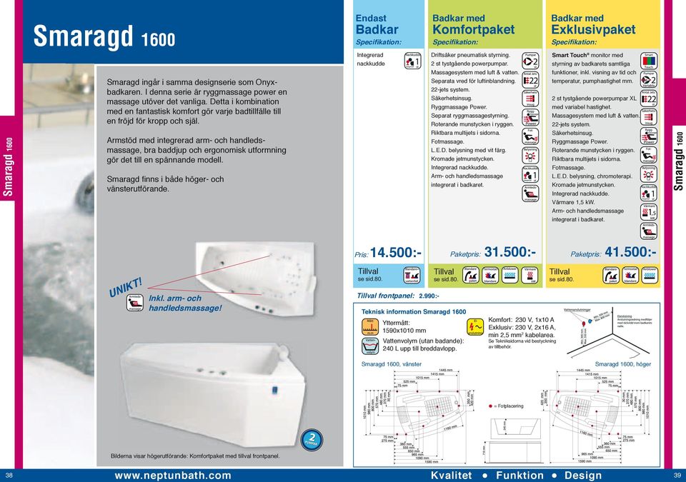 Armstöd med integrerad arm- och handledsmassage, bra baddjup och ergonomisk utformning gör det till en spännande modell. Smaragd finns i både höger- och vänsterutförande.