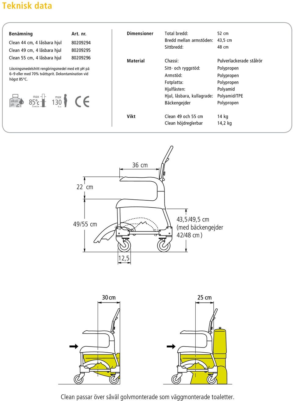 mellan armstöden: 43,5 cm Sittbredd: 48 cm Material Chassi: Pulverlackerade stålrör Sitt- och ryggstöd: Polypropen Armstöd: Polypropen Fotplatta: