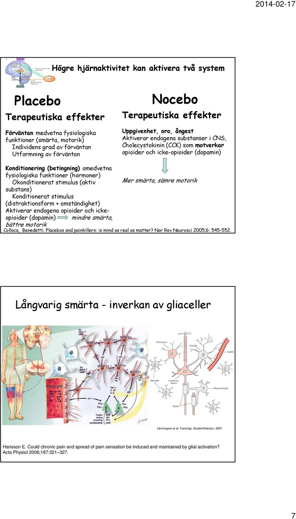 fysiologiska funktioner (hormoner) Okonditionerat stimulus (aktiv Mer smärta, sämre motorik substans) Konditionerat stimulus (distraktionsform + omständighet) Aktiverar endogena opioider och