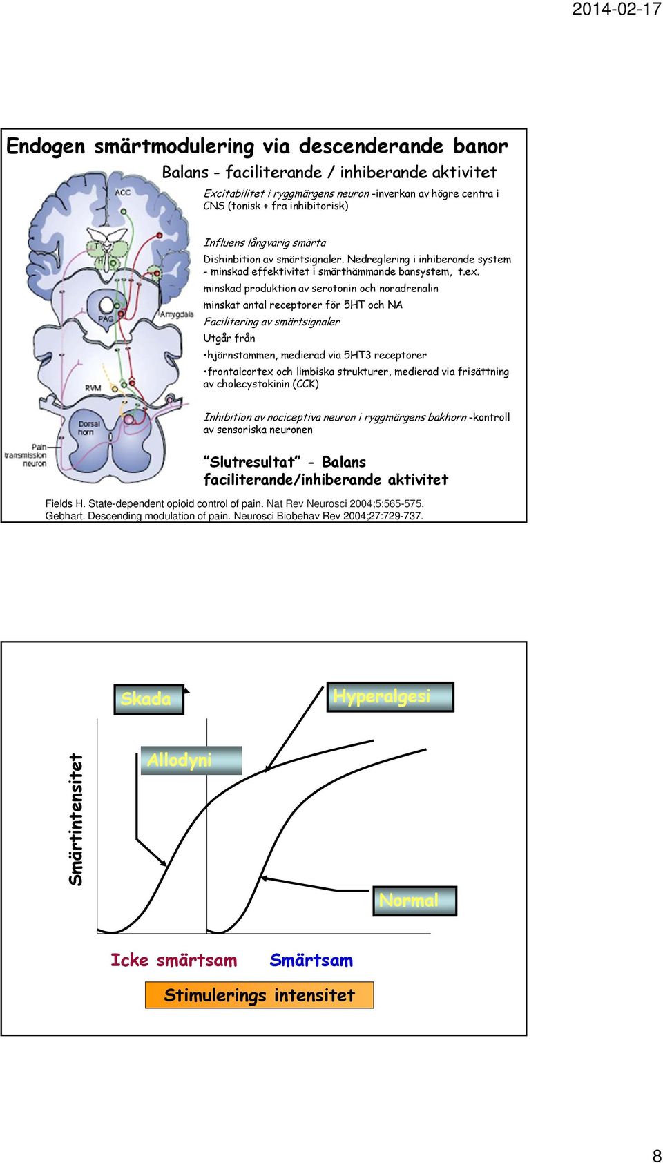 minskad produktion av serotonin och noradrenalin minskat antal receptorer för 5HT och NA Facilitering av smärtsignaler Utgår från hjärnstammen, medierad via 5HT3 receptorer frontalcortex och limbiska