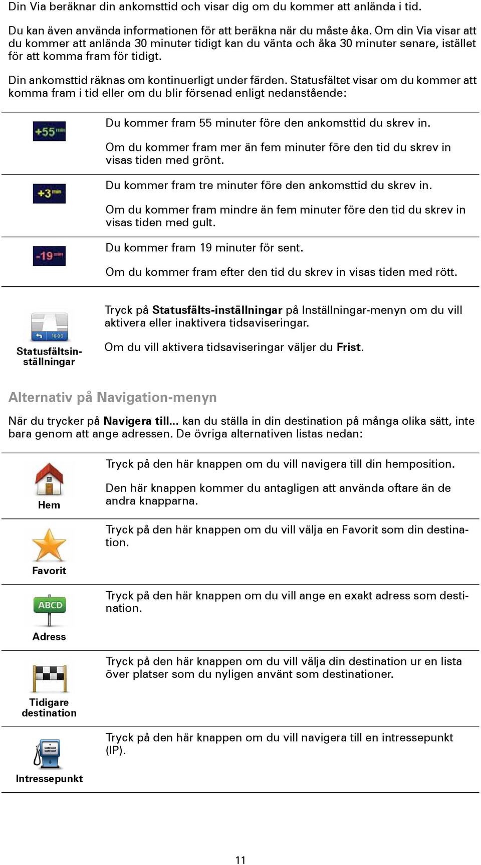 Statusfältet visar om du kommer att komma fram i tid eller om du blir försenad enligt nedanstående: Du kommer fram 55 minuter före den ankomsttid du skrev in.