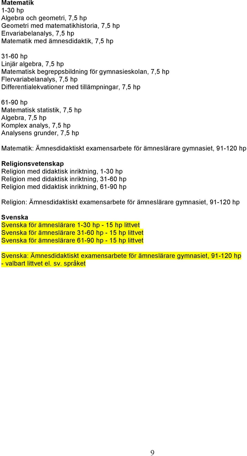 Analysens grunder, 7,5 hp Matematik: Ämnesdidaktiskt examensarbete för ämneslärare gymnasiet, 91-120 hp Religionsvetenskap Religion med didaktisk inriktning, 1-30 hp Religion med didaktisk