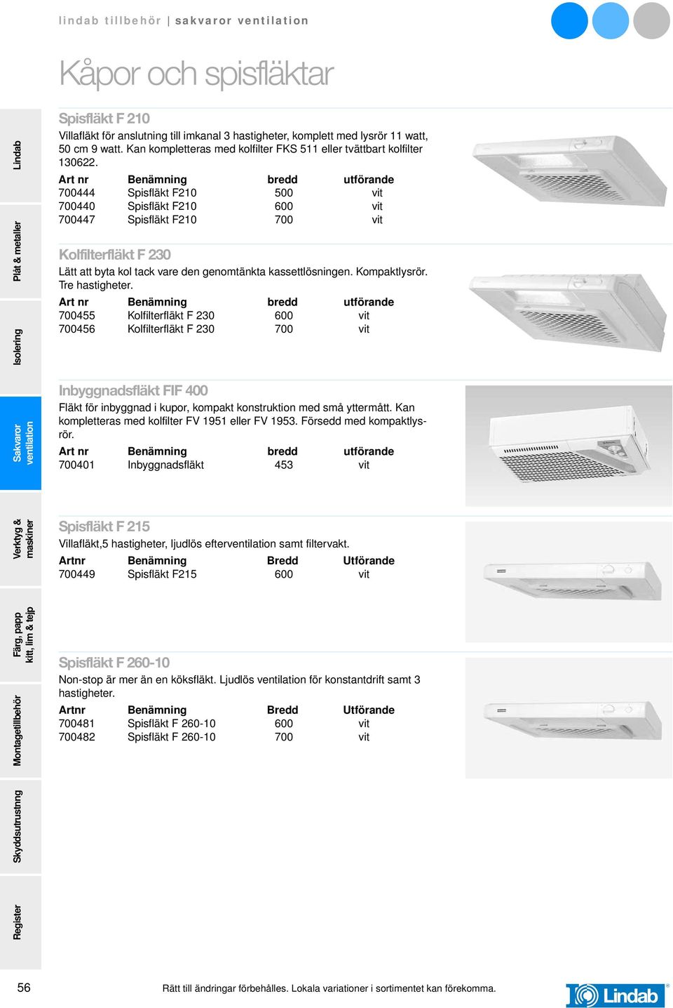bredd utförande 700444 Spisfläkt F210 500 vit 700440 Spisfläkt F210 600 vit 700447 Spisfläkt F210 700 vit Kolfilterfläkt F 230 Lätt att byta kol tack vare den genomtänkta kassettlösningen.