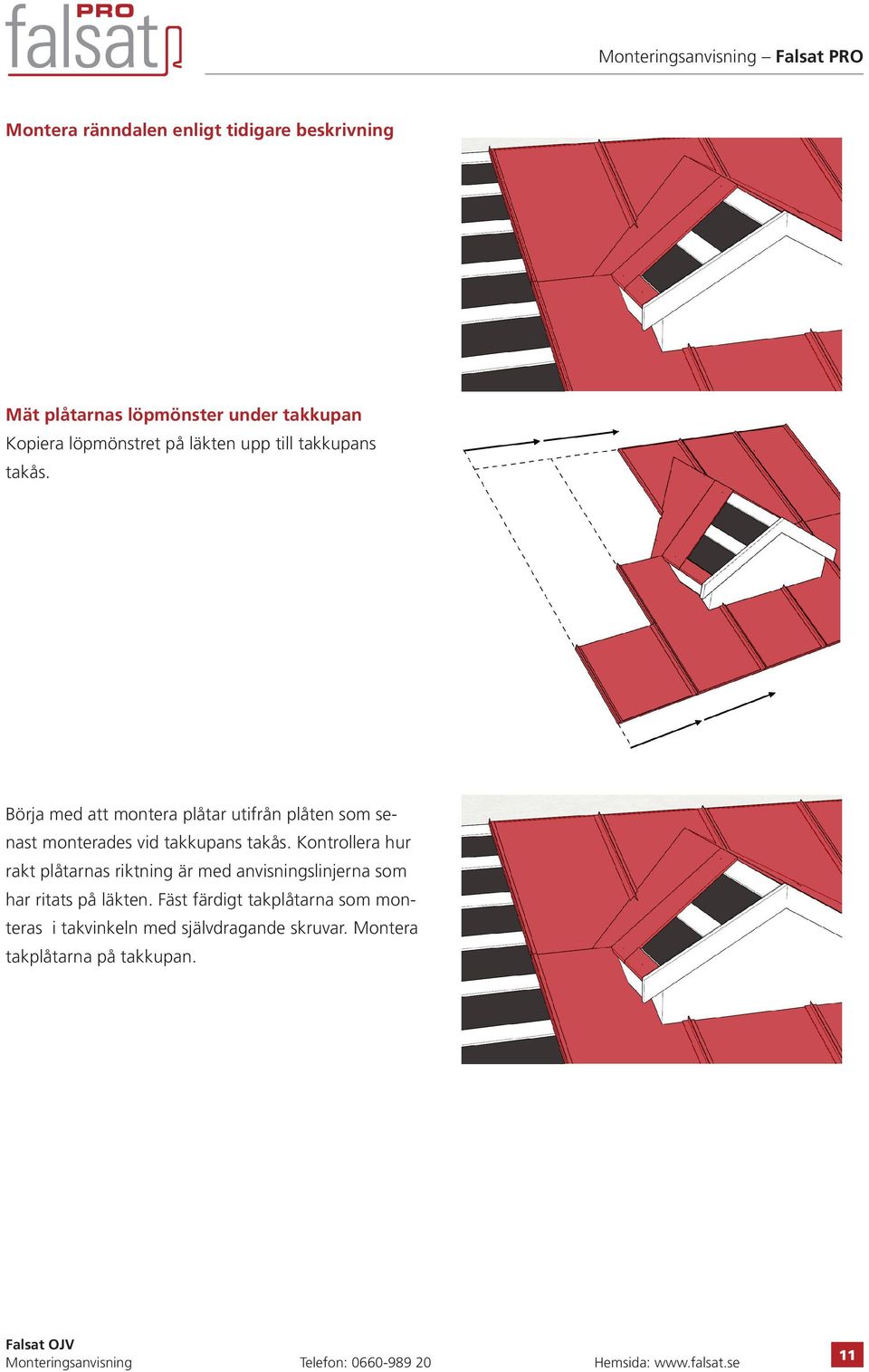 Börja med att montera plåtar utifrån plåten som senast monterades vid takkupans takås.