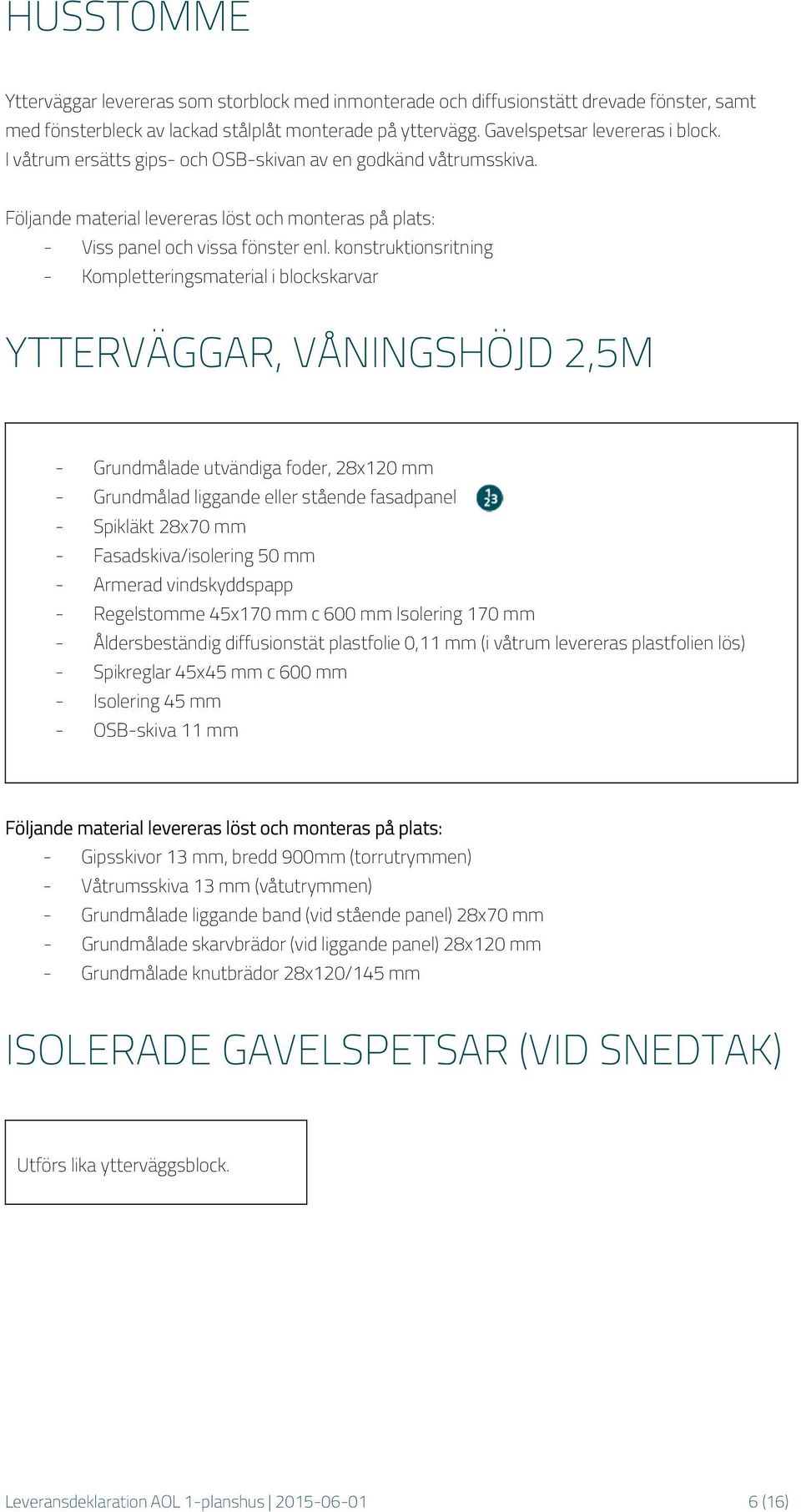konstruktionsritning - Kompletteringsmaterial i blockskarvar YTTERVÄGGAR, VÅNINGSHÖJD 2,5M - Grundmålade utvändiga foder, 28x120 mm - Grundmålad liggande eller stående fasadpanel - Spikläkt 28x70 mm