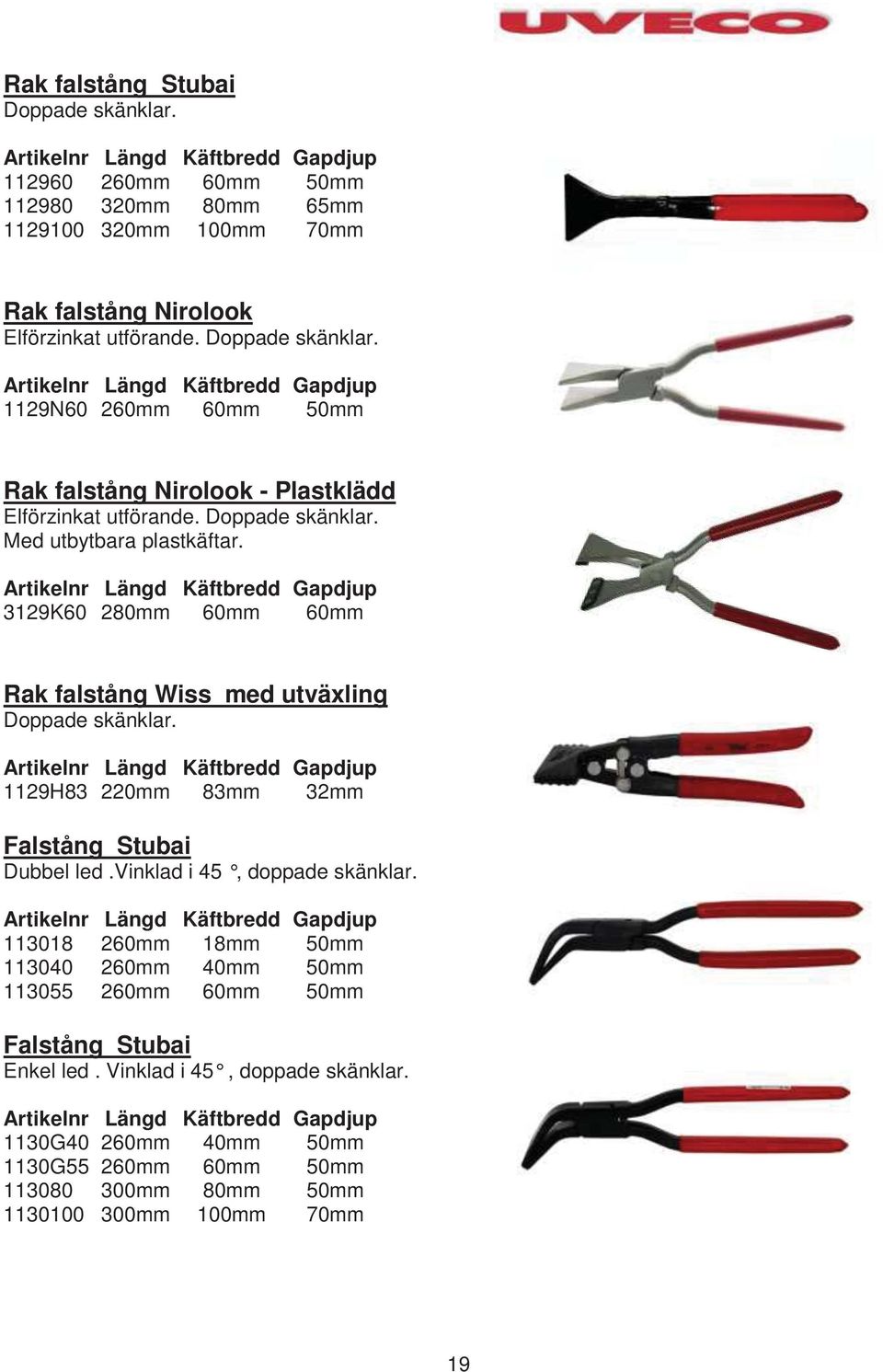 Artikelnr Längd Käftbredd Gapdjup 3129K60 280mm 60mm 60mm Rak falstång Wiss med utväxling Doppade skänklar. Artikelnr Längd Käftbredd Gapdjup 1129H83 220mm 83mm 32mm Falstång Stubai Dubbel led.
