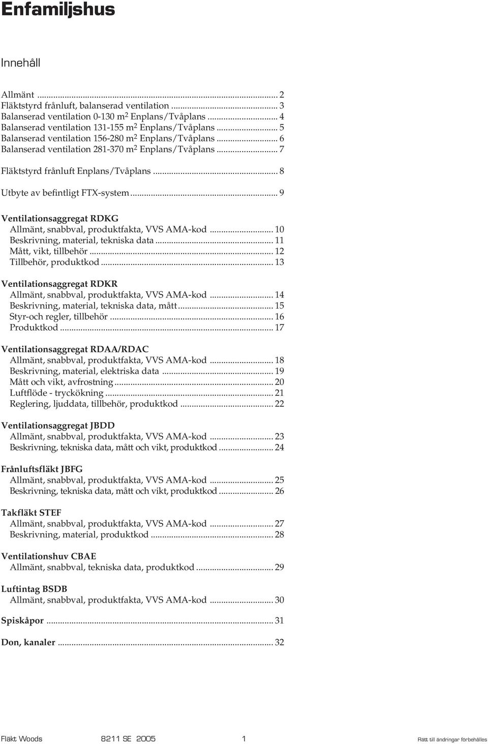 .. 9 Ventilationsaggregat RDKG Allmänt, snabbval, produktfakta, VVS AMA-kod... 10 Beskrivning, material, tekniska data... 11 Mått, vikt, tillbehör... 12 Tillbehör, produktkod.