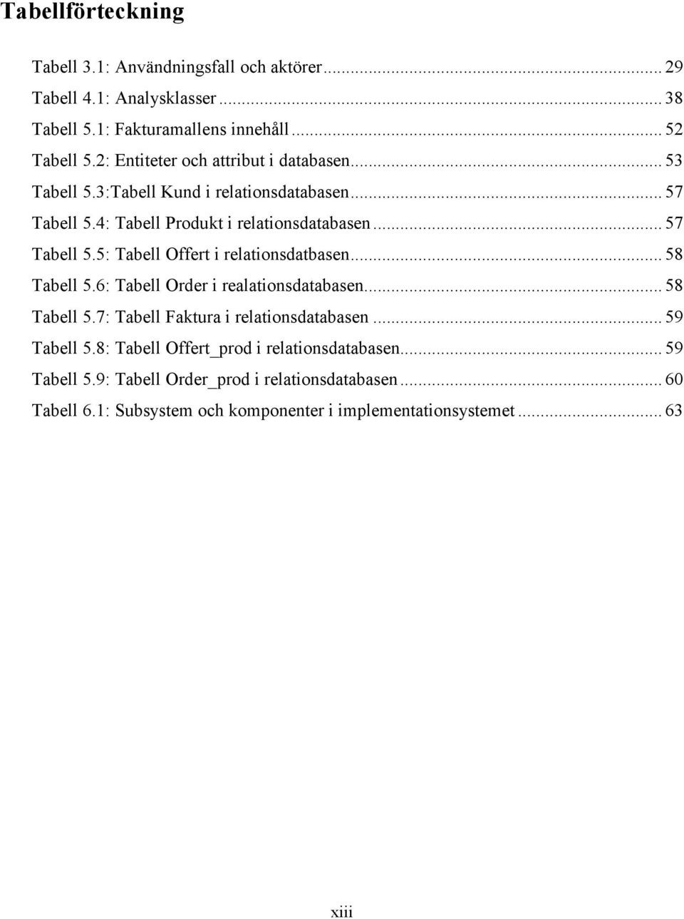 .. 58 Tabell 5.6: Tabell Order i realationsdatabasen... 58 Tabell 5.7: Tabell Faktura i relationsdatabasen... 59 Tabell 5.