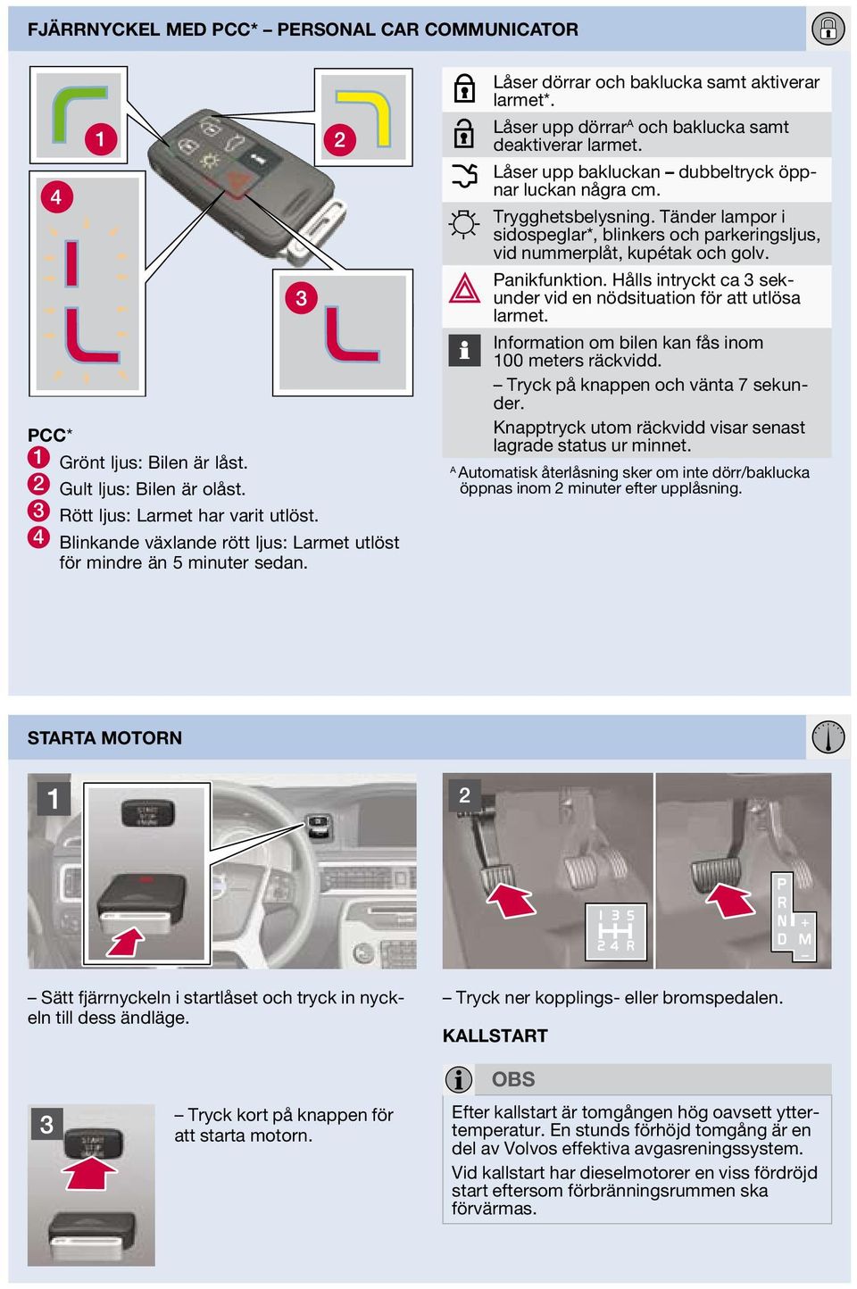 Låser upp bakluckan dubbeltryck öppnar luckan några cm. Trygghetsbelysning. Tänder lampor i sidospeglar*, blinkers och parkeringsljus, vid nummerplåt, kupétak och golv. Panikfunktion.