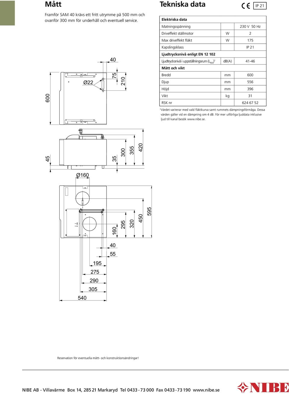 db(a) 41-46 Mått och vikt 75 Bredd mm 600 Ø22 Djup mm 556 Höjd mm 396 Vikt kg 31 RSK nr 624 67 52 1 Värdet varirerar med vald fläktkurva samt rummets dämpningsförmåga.