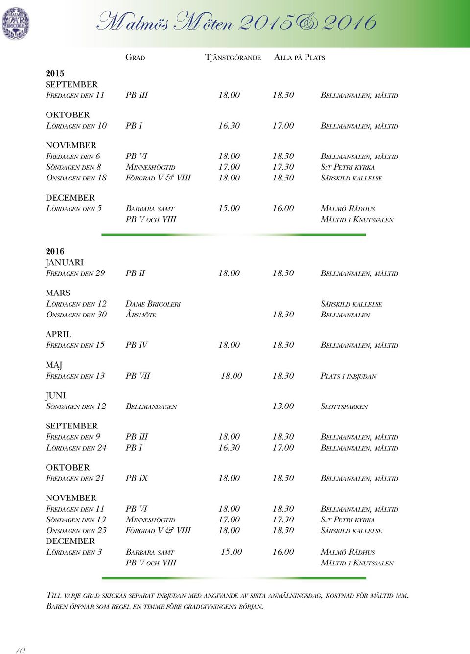 00 16.00 Malmö Rådhus PB V och VIII M måltid i Knutssalen 2016 JANUARI Fredagen den 29 PB II 18.00 18.