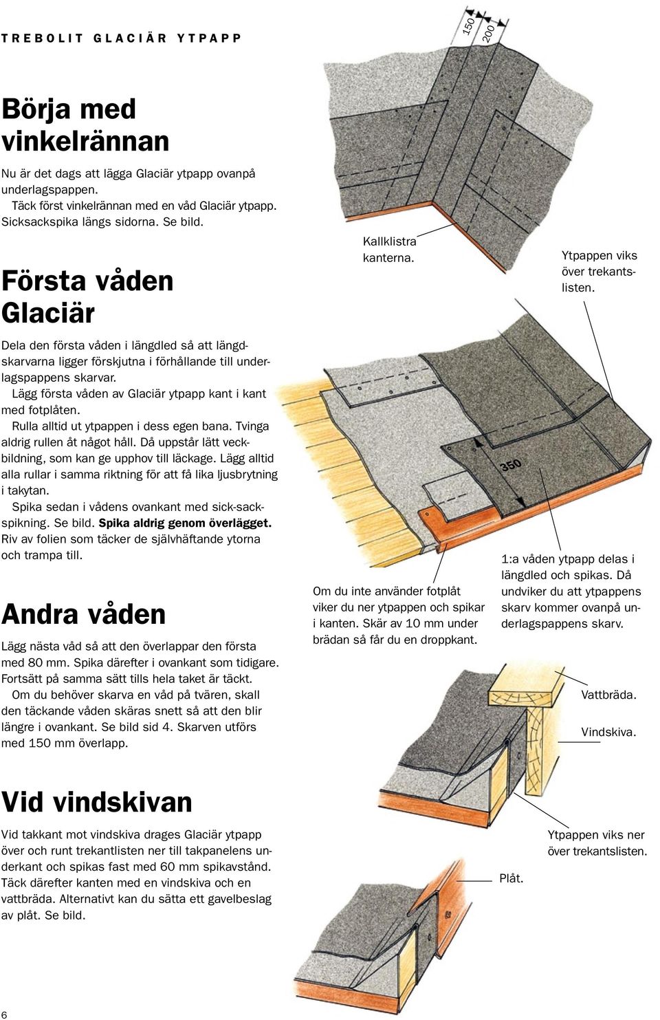 Lägg första våden av Glaciär ytpapp kant i kant med fotplåten. Rulla alltid ut ytpappen i dess egen bana. Tvinga aldrig rullen åt något håll.