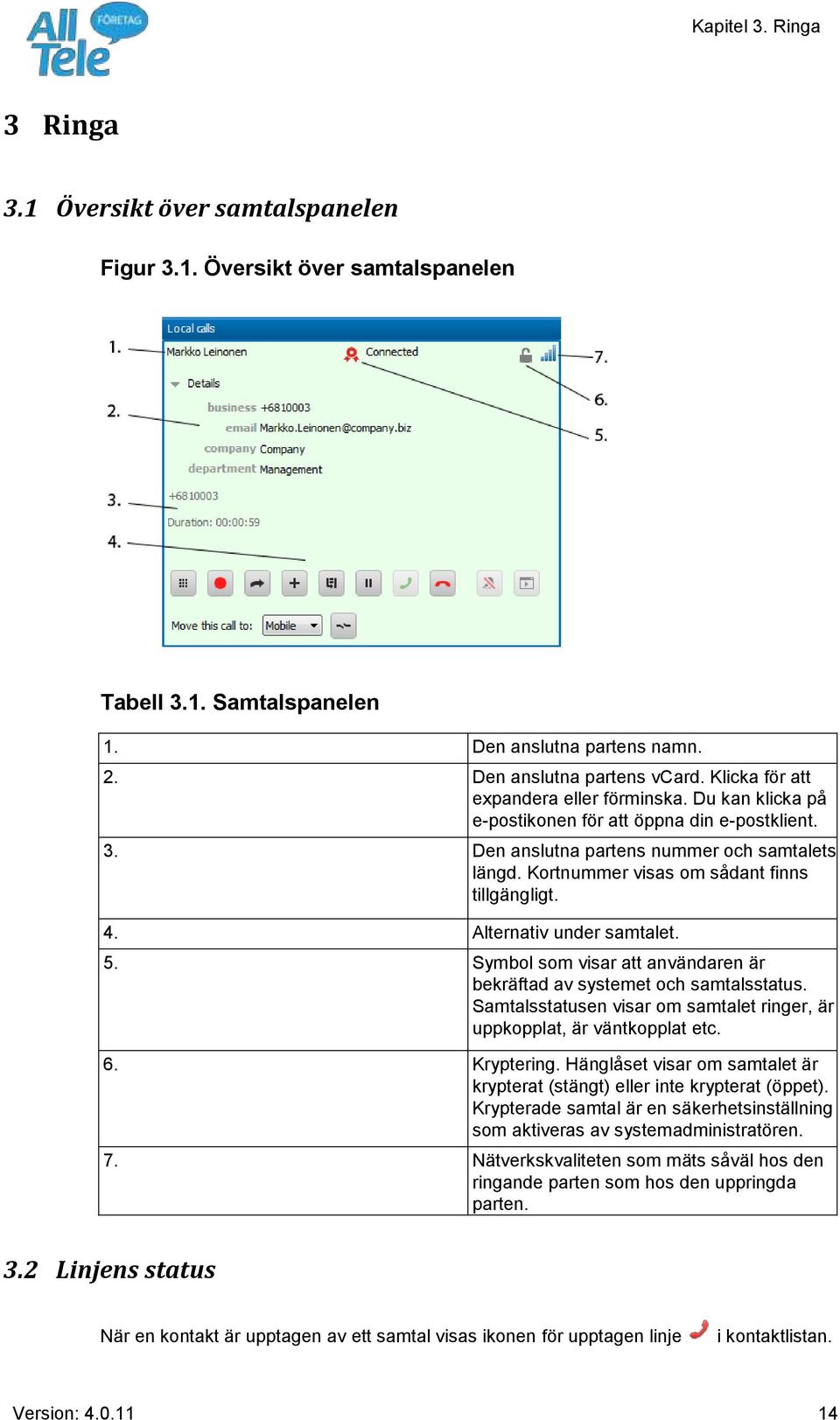 Kortnummer visas om sådant finns tillgängligt. 4. Alternativ under samtalet. 5. Symbol som visar att användaren är bekräftad av systemet och samtalsstatus.