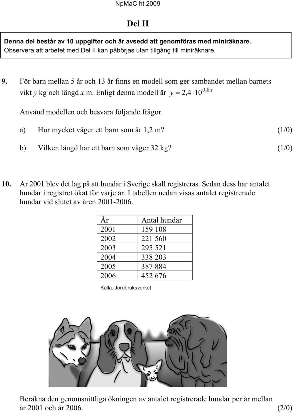 a) Hur mycket väger ett barn som är 1,2 m? (1/0) b) Vilken längd har ett barn som väger 32 kg? (1/0) 0,8x 10. År 2001 blev det lag på att hundar i Sverige skall registreras.