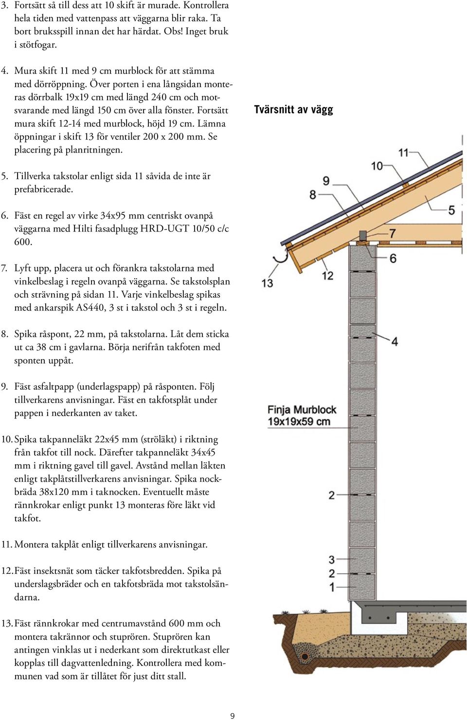 Fortsätt mura skift 12-14 med murblock, höjd 19 cm. Lämna öppningar i skift 13 för ventiler 200 x 200 mm. Se placering på planritningen. Tvärsnitt av vägg 5.