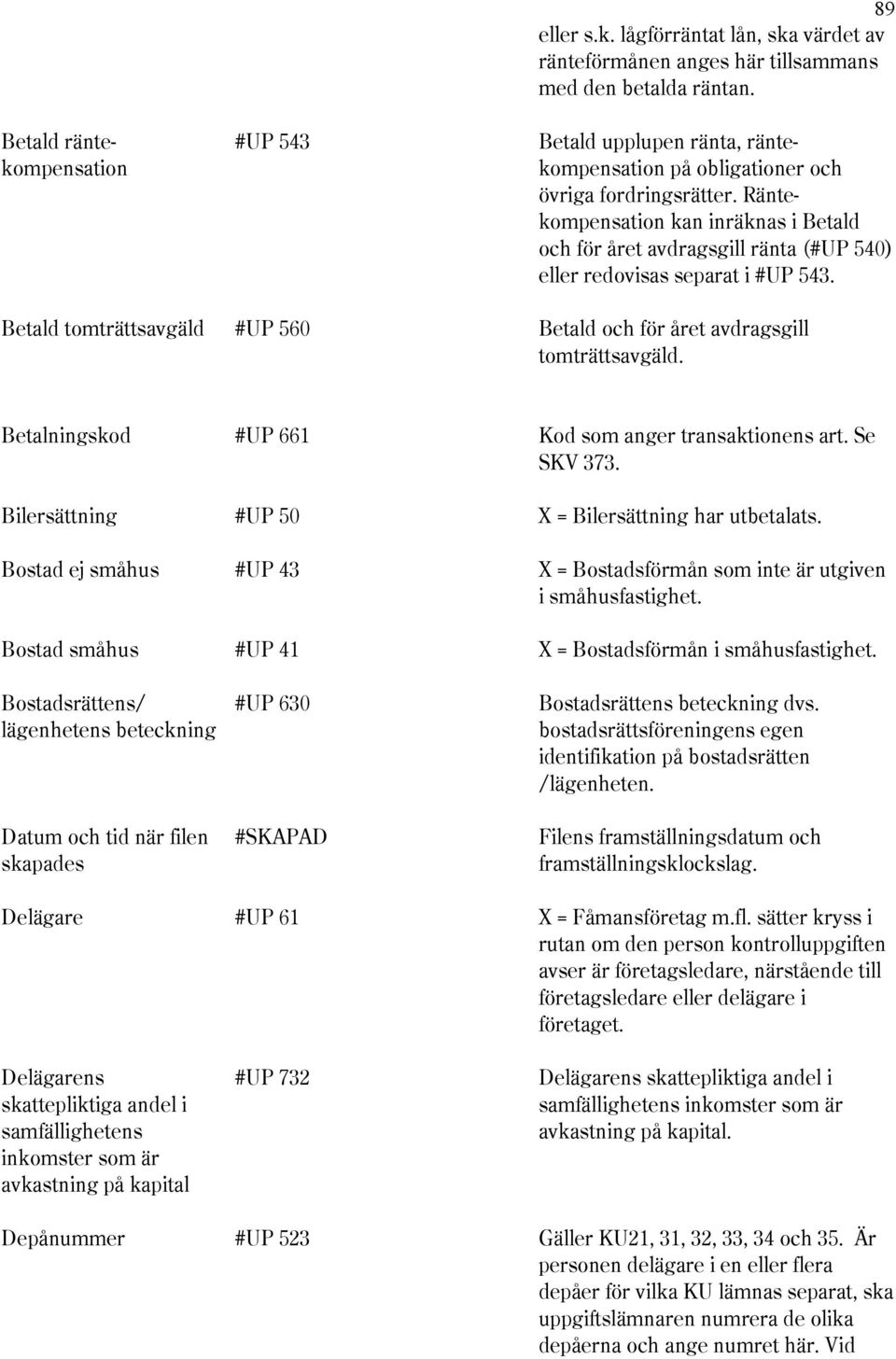 Betald tomträttsavgäld #UP 560 Betald och för året avdragsgill tomträttsavgäld. Betalningskod #UP 661 Kod som anger transaktionens art. Se SKV 373.