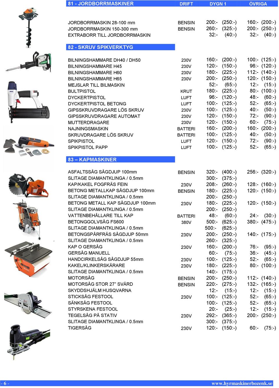 (140:-) BILNINGSHAMMARE H65 230V 200:- (250:-) 120:- (150:-) MEJSLAR TILL BILMASKIN 52:- (65:-) 12:- (15:-) BULTPISTOL KRUT 180:- (225:-) 80:- (100:-) DYCKERTPISTOL LUFT 96:- (120:-) 48:- (60:-)