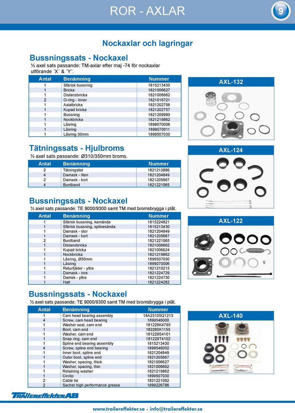 1821209990 1 Nockbricka 1821219862 1 Låsring 1899070006 1 Låsring 1899070011 1 Låsring 30mm 1899507030 Tätningssats - Hjulbroms ½ axel sats passande: Ø310/350mm broms.