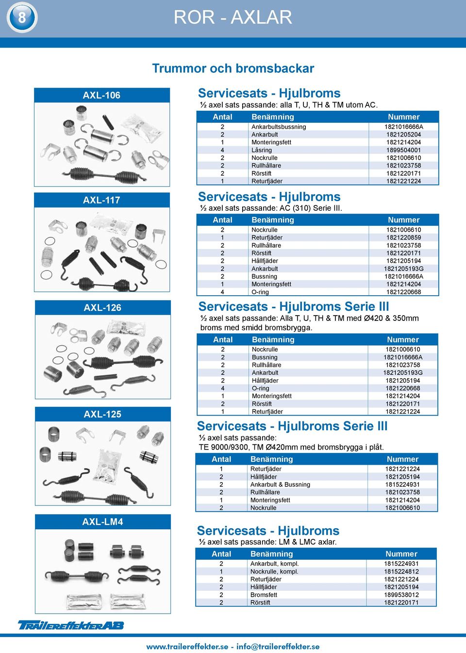 Returfjäder 1821221224 Servicesats - Hjulbroms ½ axel sats passande: AC (310) Serie III.