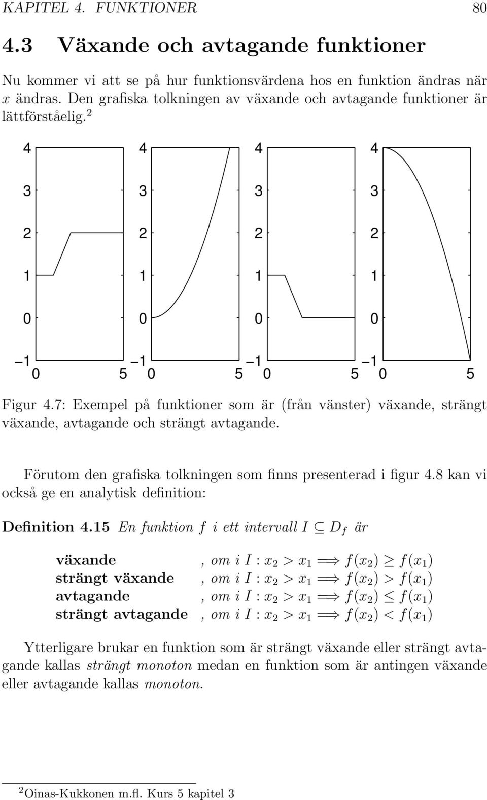 7: Exempel på funktioner som är (från vänster) växande, strängt växande, avtagande och strängt avtagande. Förutom den grafiska tolkningen som finns presenterad i figur 4.