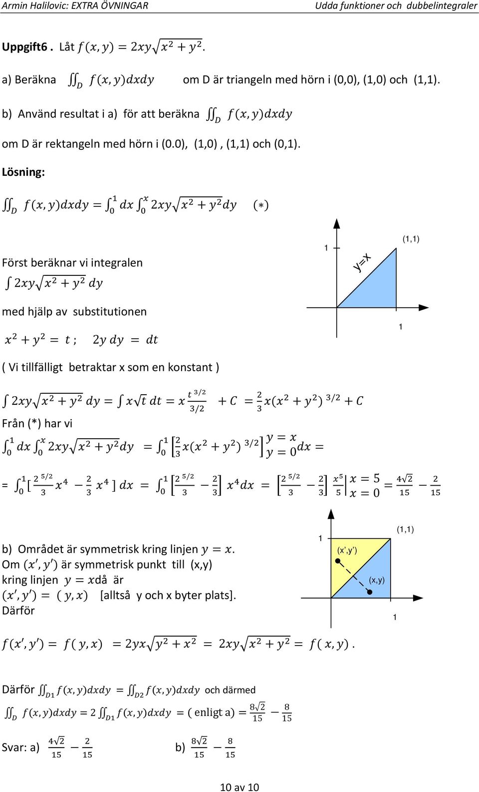 Lösning:, 2 Först beräknar vi integralen 2 y=x (,) med hjälp av substitutionen ; 2 ( Vi tillfälligt betraktar x som en konstant ) 2 / / Från