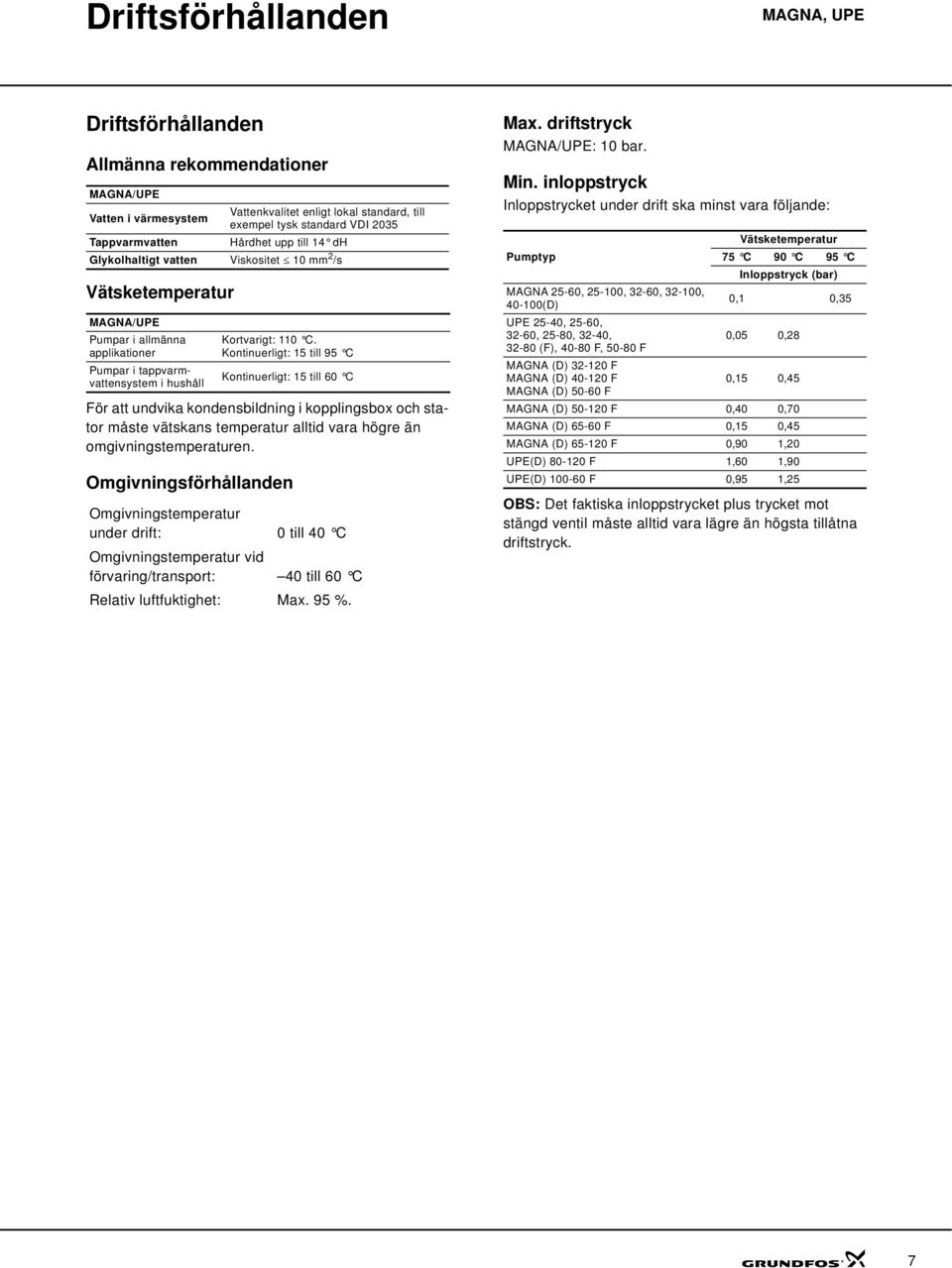 Kontinuerligt: 15 till 95 C Kontinuerligt: 15 till C För att undvika kondensbildning i kopplingsbox och stator måste vätskans temperatur alltid vara högre än omgivningstemperaturen.