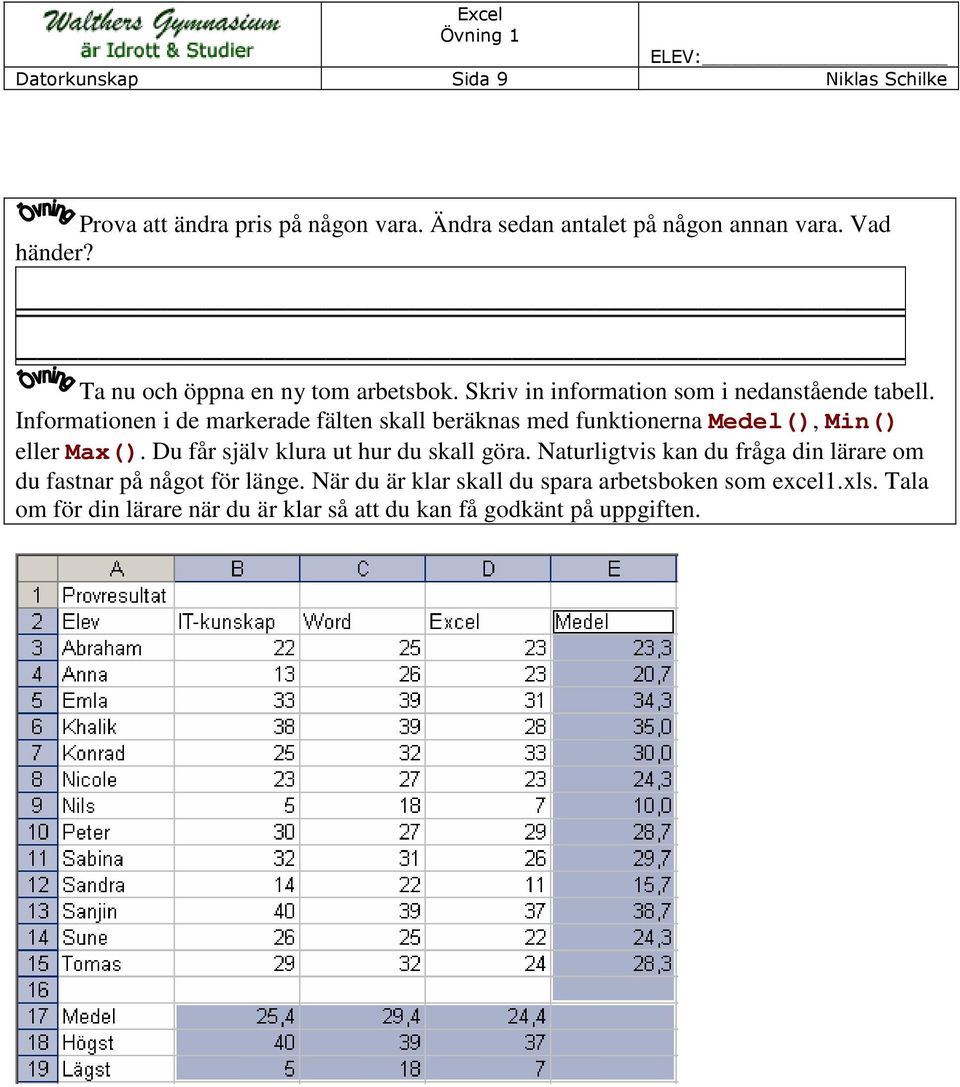 Informationen i de markerade fälten skall beräknas med funktionerna Medel(), Min() eller Max(). Du får själv klura ut hur du skall göra.