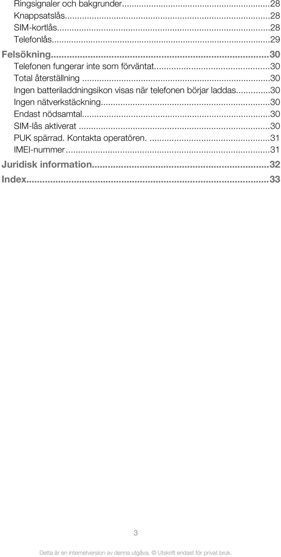 ..30 Ingen batteriladdningsikon visas när telefonen börjar laddas...30 Ingen nätverkstäckning.