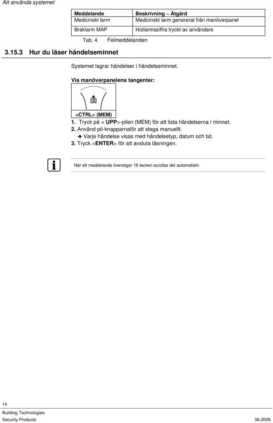 Via manöverpanelens tangenter: <CTRL> (MEM) 1. Tryck på < UPP>-pilen (MEM) för att lista händelserna i minnet. 2.