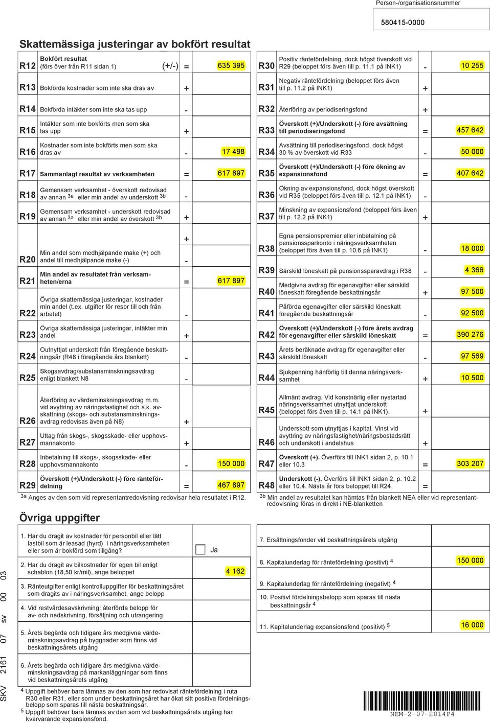 1 på INK1) 10 255 R13 Bokförda kostnader som inte ska dras av R31 Negativ räntefördelning (beloppet förs även till p. 11.