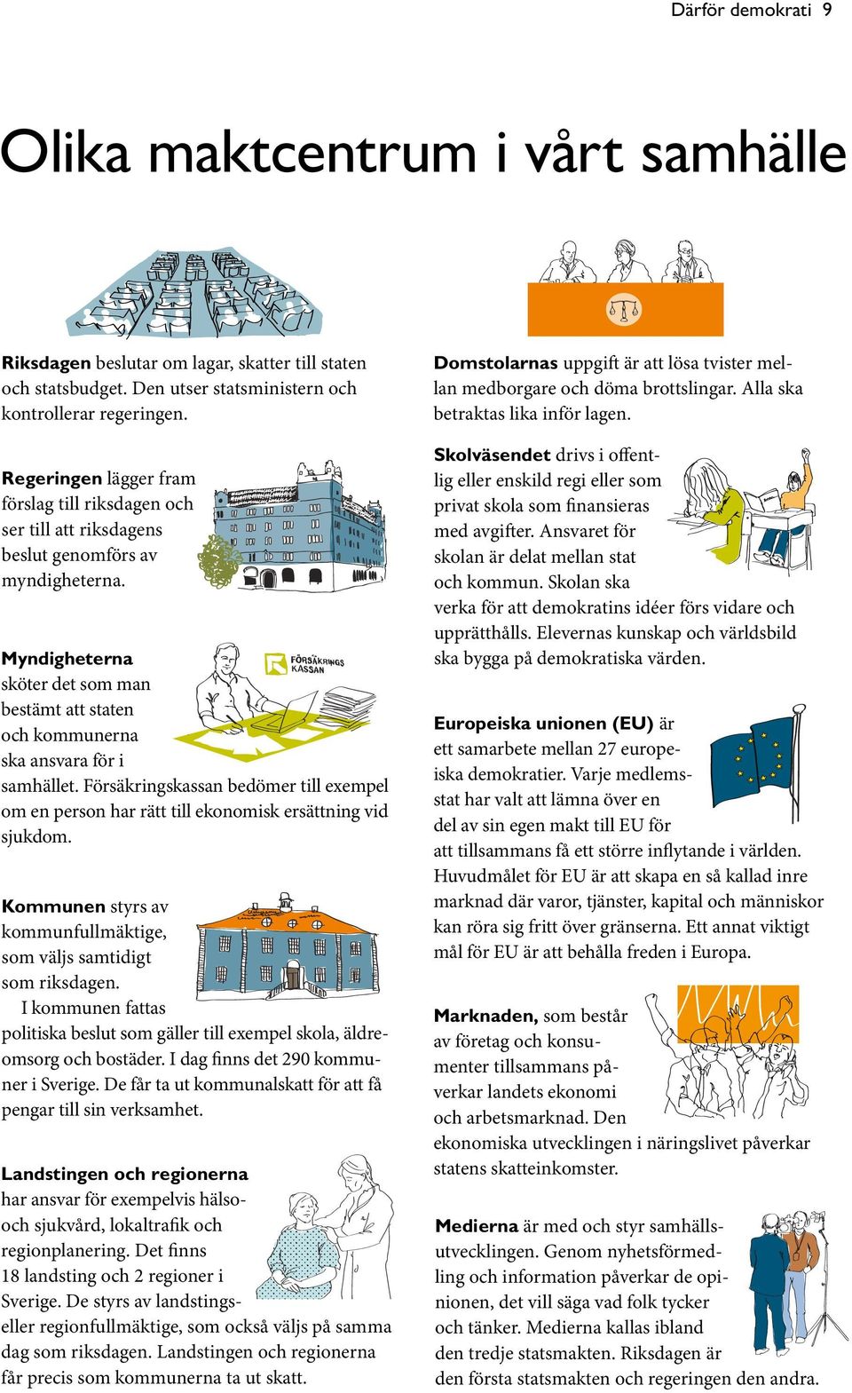 Myndigheterna sköter det som man bestämt att staten och kommunerna ska ansvara för i samhället. Försäkringskassan bedömer till exempel om en person har rätt till ekonomisk ersättning vid sjukdom.