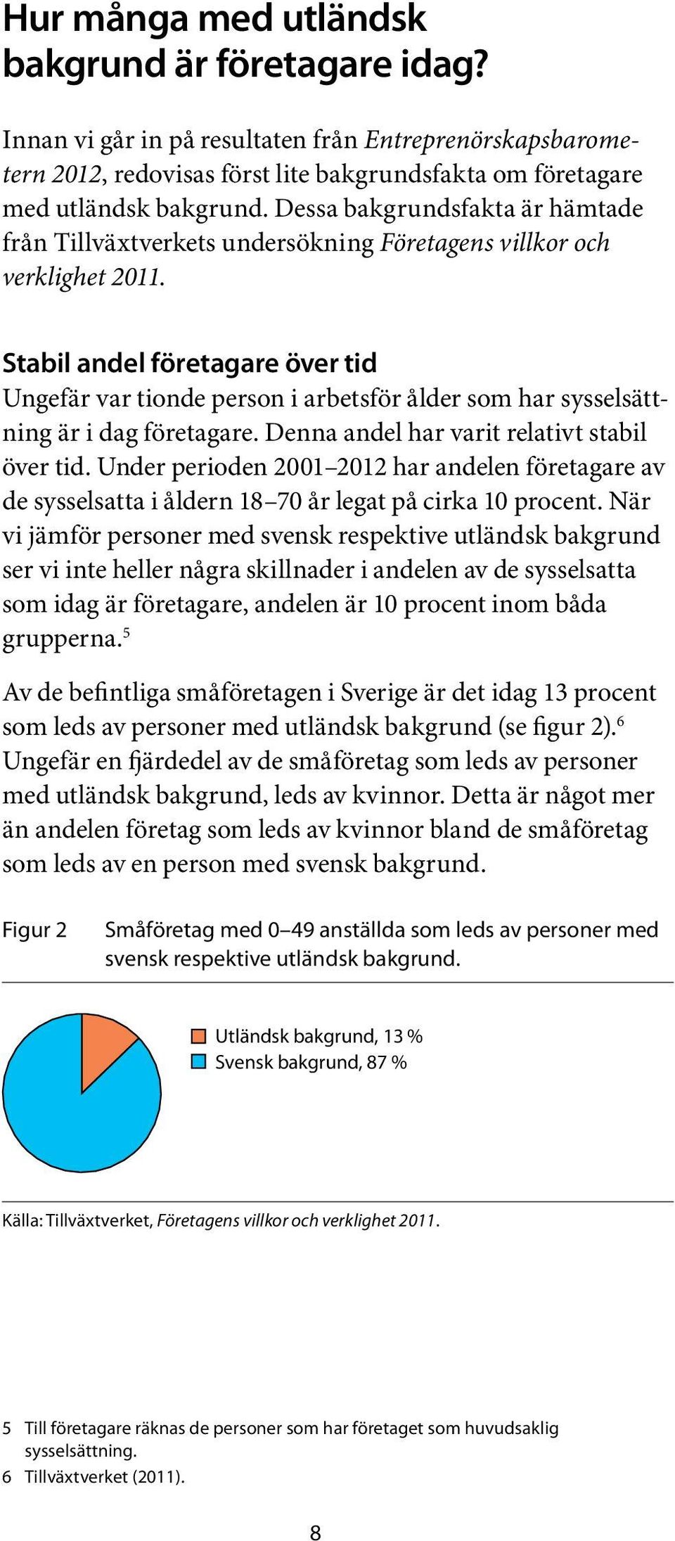 Stabil andel företagare över tid Ungefär var tionde person i arbetsför ålder som har sysselsättning är i dag företagare. Denna andel har varit relativt stabil över tid.