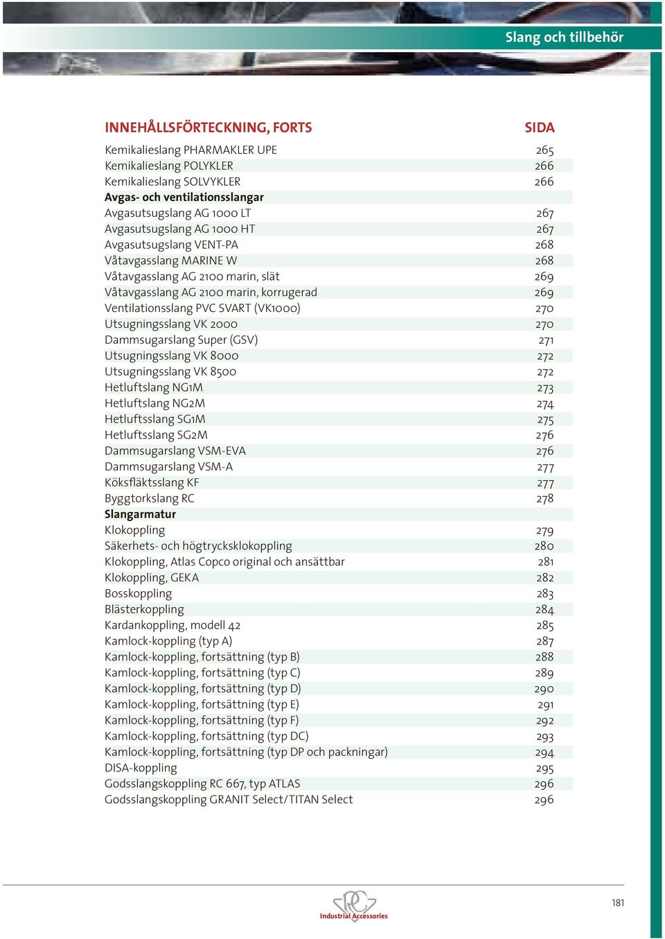 (VK1000) 270 Utsugningsslang VK 2000 270 Dammsugarslang Super (GSV) 271 Utsugningsslang VK 8000 272 Utsugningsslang VK 8500 272 Hetluftslang NG1M 273 Hetluftslang NG2M 274 Hetluftsslang SG1M 275