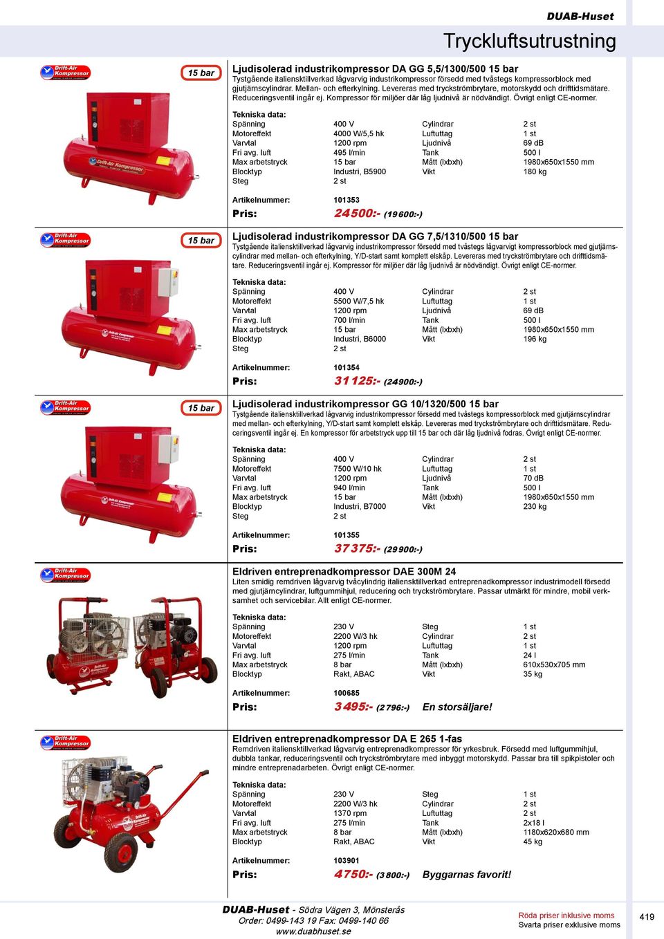 Spänning 400 V Cylindrar 2 st Motoreffekt 4000 W/5,5 hk Luftuttag 1 st Varvtal 1200 rpm Ljudnivå 69 db Fri avg.