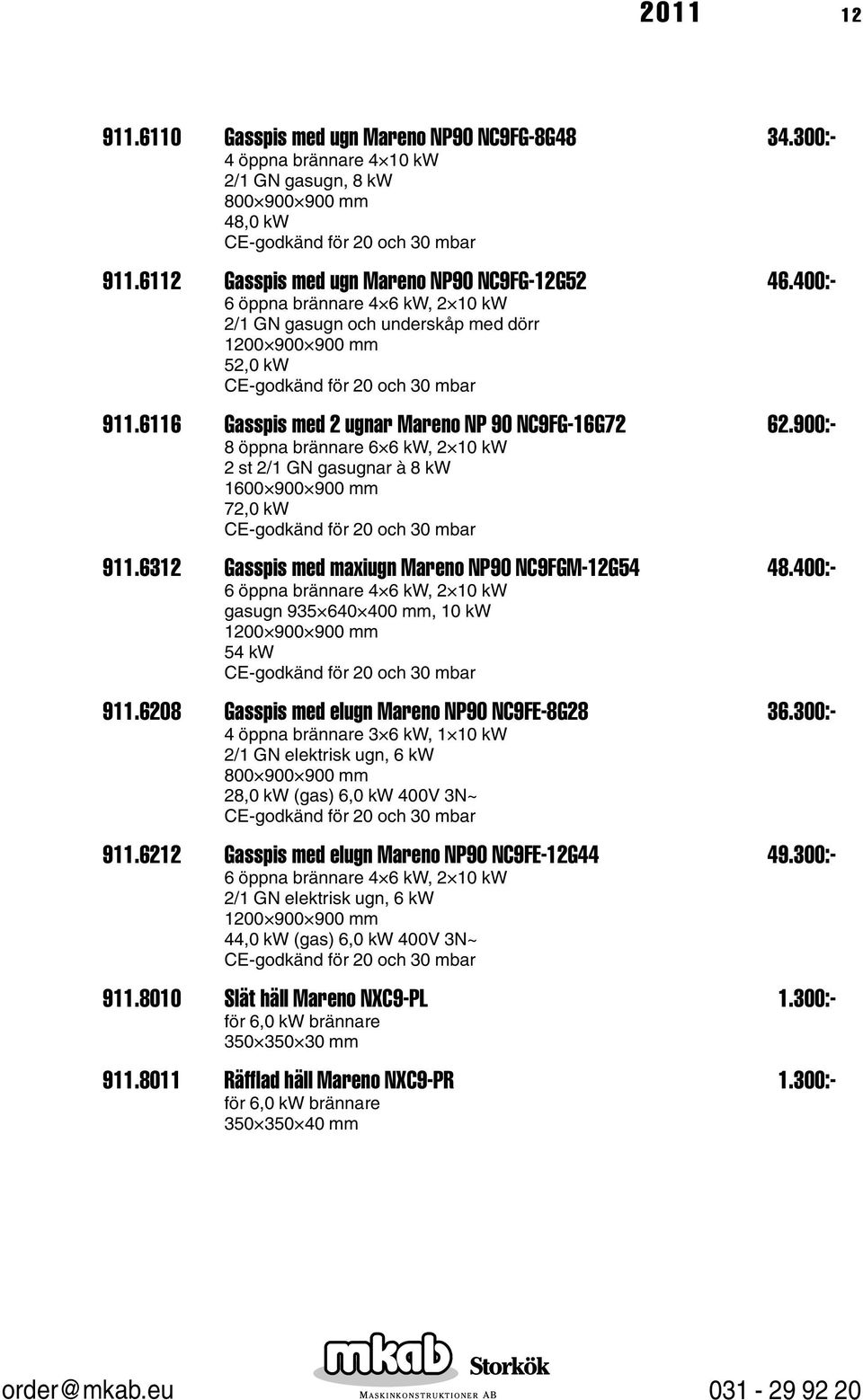 900:- 8 öppna brännare 6 6 kw, 2 10 kw 2 st 2/1 GN gasugnar à 8 kw 1600 900 900 mm 72,0 kw 911.6312 Gasspis med maxiugn Mareno NP90 NC9FGM-12G54 48.