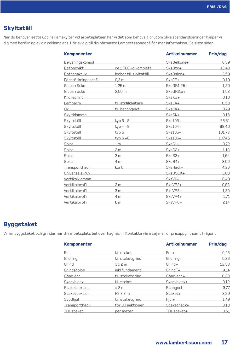 Komponenter Artikelnummer Pris/dag Belysningskonsol SksBelkons+ 0,39 Betongvikt ca 1 500 kg komplett SksBtg+ 12,43 Bottenskruv ledbar till skyltställ SksBsled+ 3,59 Förstärkningsprofil 0,3 m SksFP+