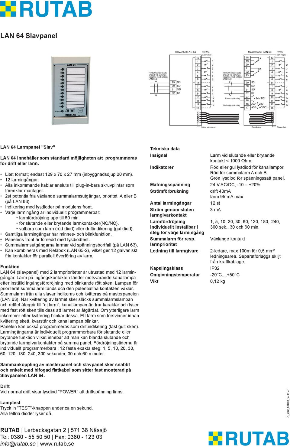 Indikering med lysdioder på modulens front. Varje larmingång är individuellt programmerbar: larmfördröjning upp till 60 min. för slutande eller brytande larmkontakter(no/nc).