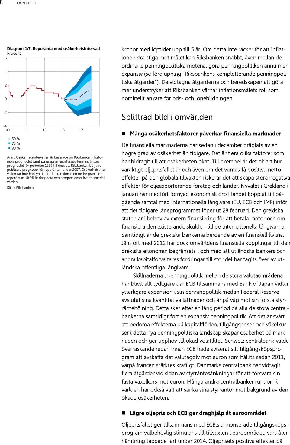 reporäntan under 7. Osäkerhetsintervallen tar inte hänsyn till att det kan finnas en nedre gräns för reporäntan. Utfall är dagsdata och prognos avser kvartalsmedelvärden.