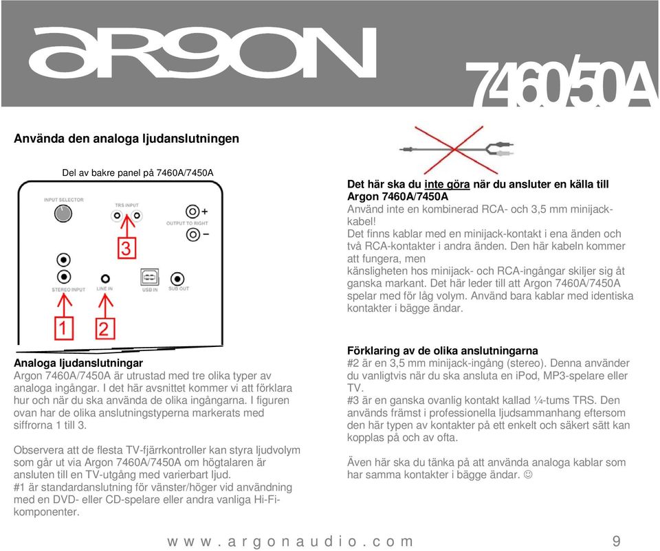 Den här kabeln kommer att fungera, men känsligheten hos minijack- och RCA-ingångar skiljer sig åt ganska markant. Det här leder till att Argon 7460A/7450A spelar med för låg volym.