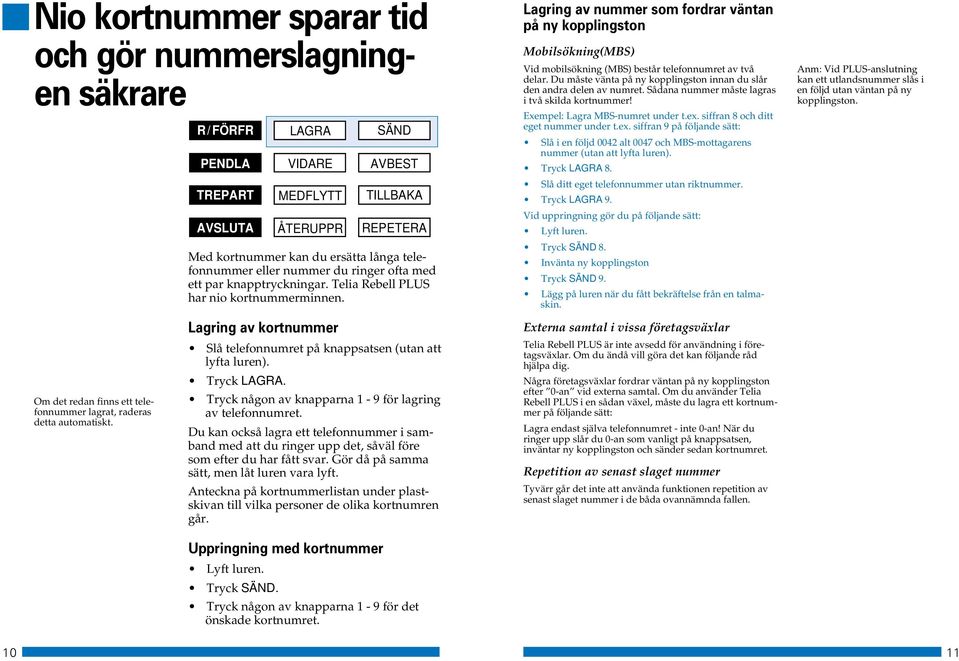 Du måste vänta på ny kopplingston innan du slår den andra delen av numret. Sådana nummer måste lagras i två skilda kortnummer! Exempel: Lagra MBS-numret under t.ex.