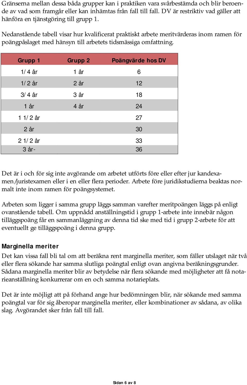 Nedanstående tabell visar hur kvalificerat praktiskt arbete meritvärderas inom ramen för poängpåslaget med hänsyn till arbetets tidsmässiga omfattning.